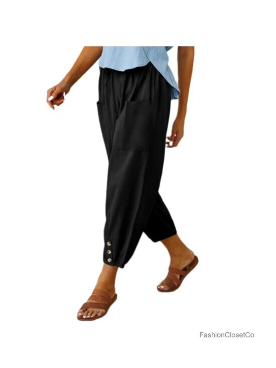 Pants - 100% Cotton Elastic Waist Drawstring Capri Pants with Pockets